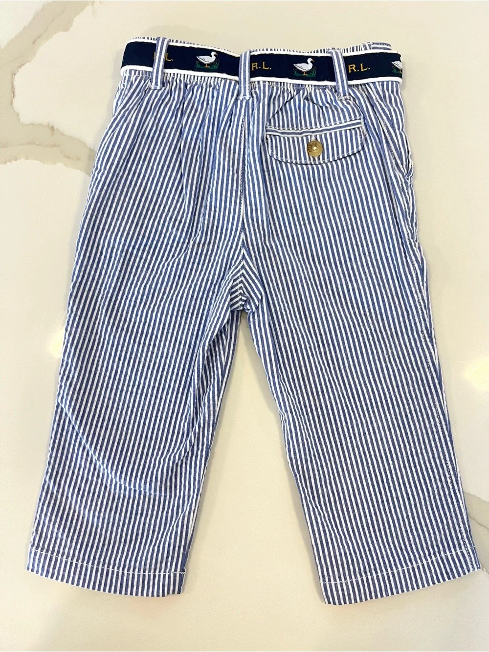 Ralph Lauren Baby Blue Seersucker Stripe Pants with Duck Belt | Size 12M
